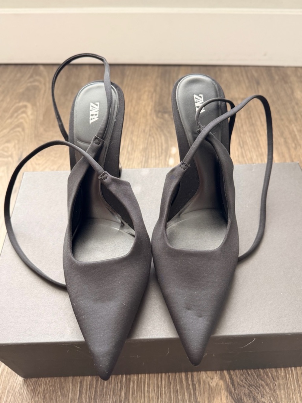 Zara Black Pointed-Toe Slingback Heels with Ankle Straps